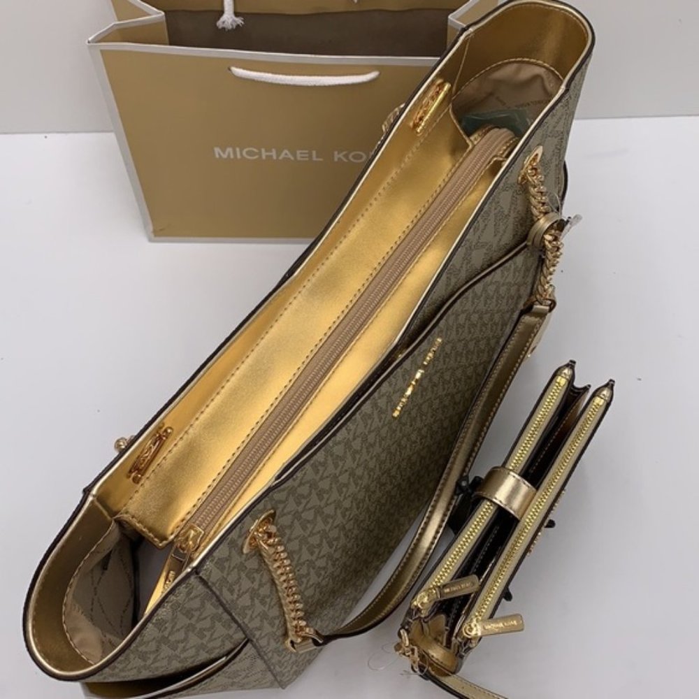 Michael Kors Large X Chain Shoulder Tote & Large Double Zip Wallet Pale Gold - Picture 7 of 16